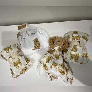 Mudpie baby golden doodle swaddle blanket, onesie, bib, lovey